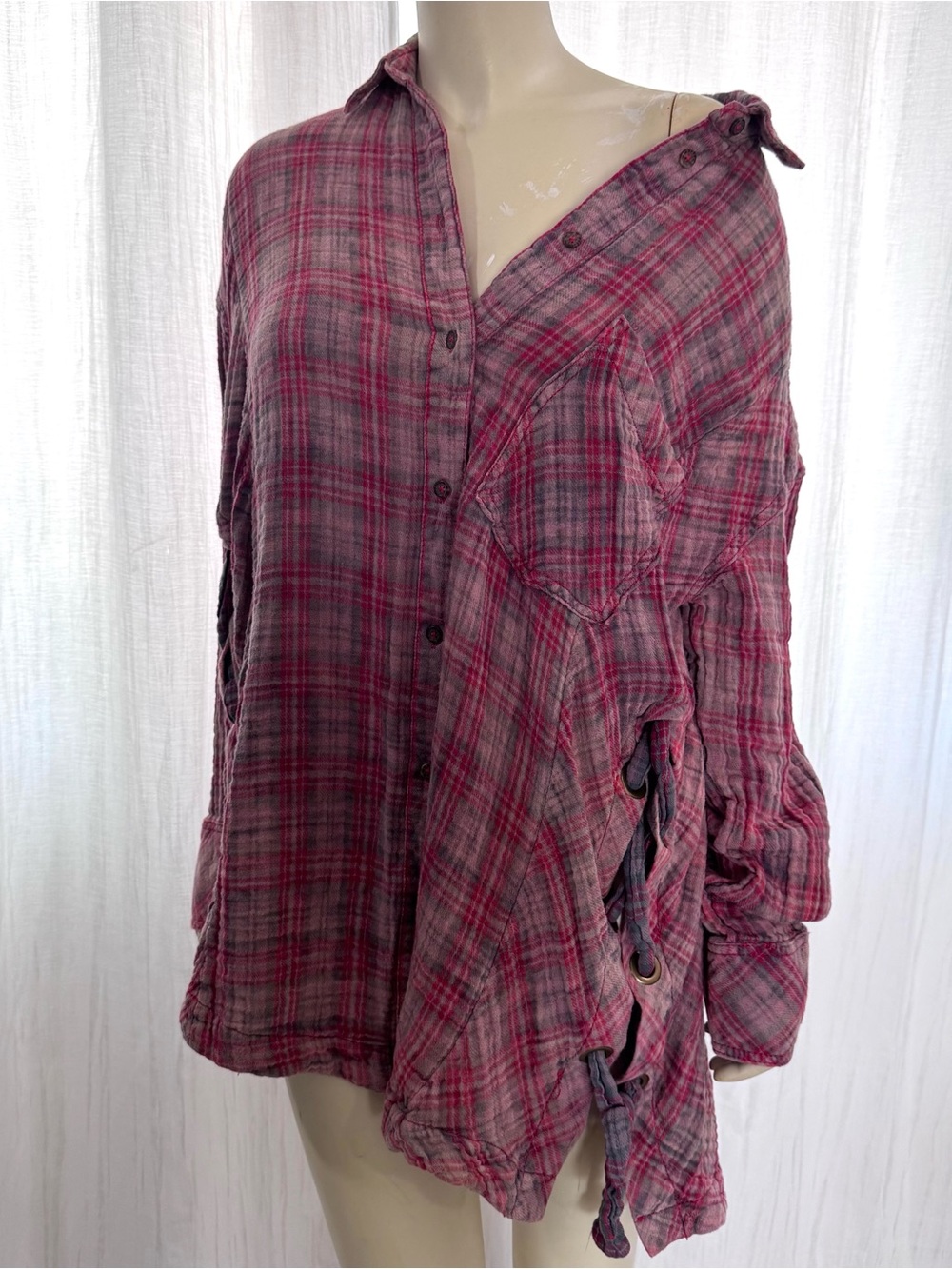 Free People M Pink Red Flannel Plaid Tunic Top Boho Hippie Long Sleeve Shirt - Picture 4 of 12